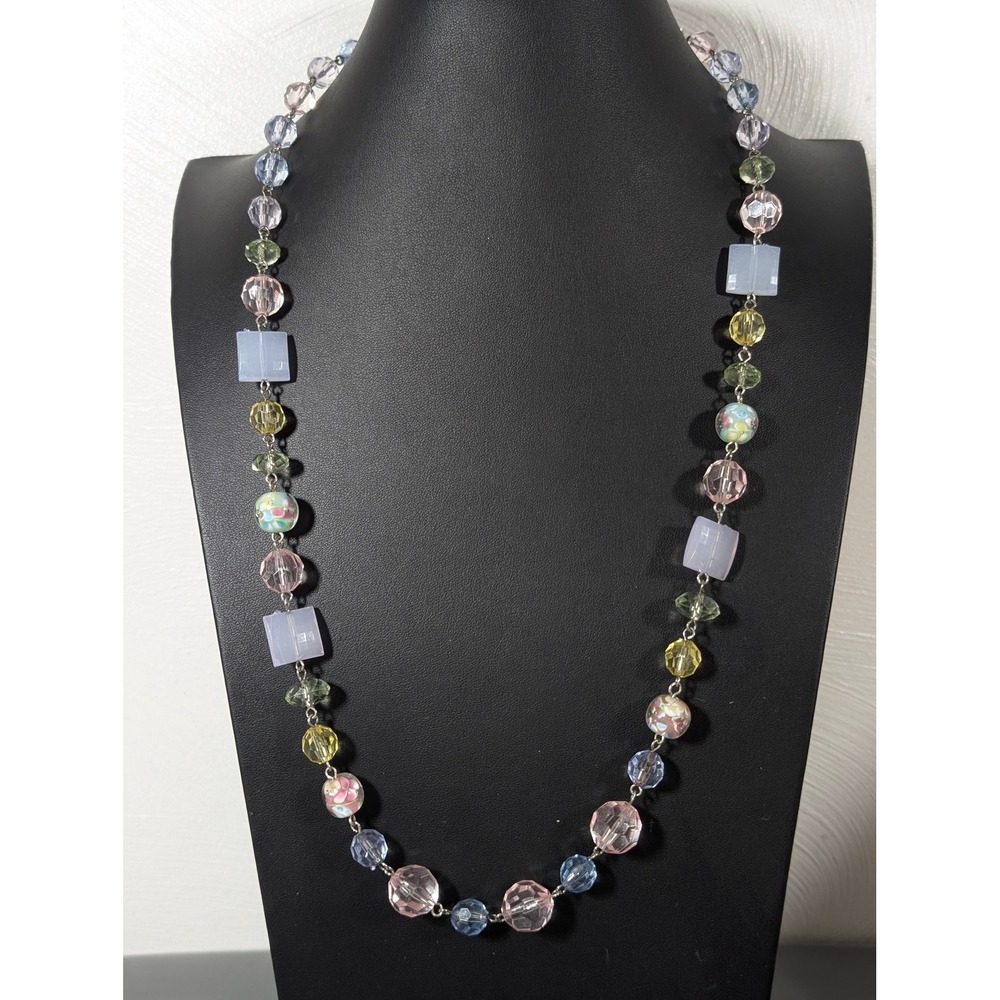 Pastel Lampwork Glass Bead Long Necklace Acrylic Blue Pink Green Yellow 28 Inch
